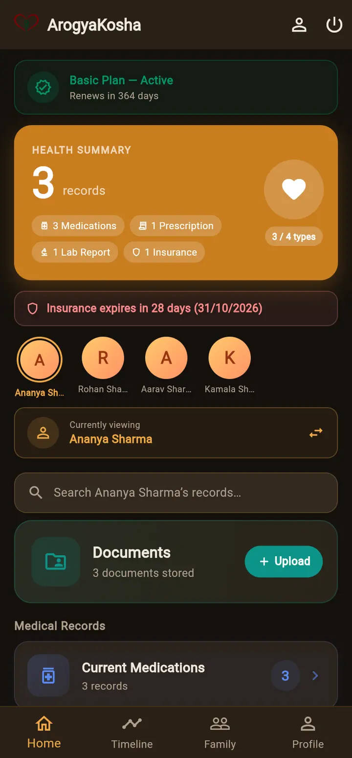ArogyaKosha Android app home screen