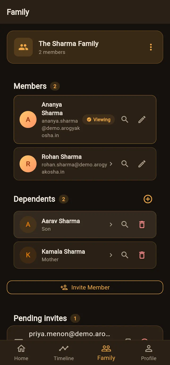 Family screen in the app