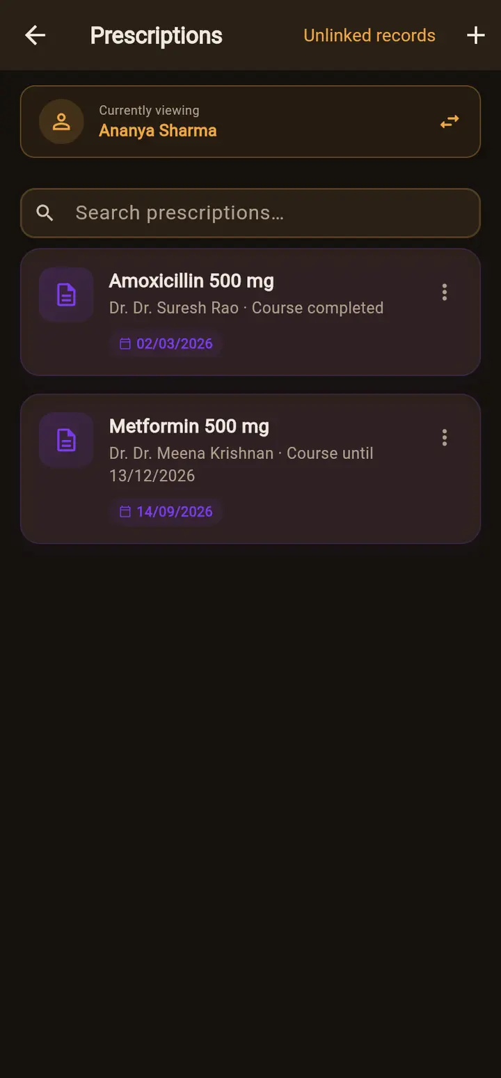 Prescriptions screen in the app