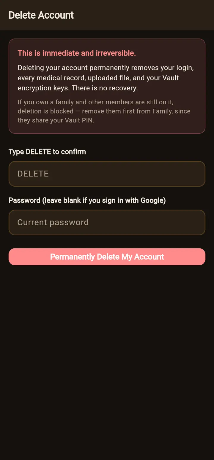 Delete Account screen in the app