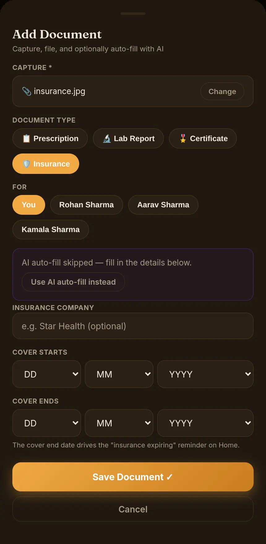 Add Document form for an insurance policy