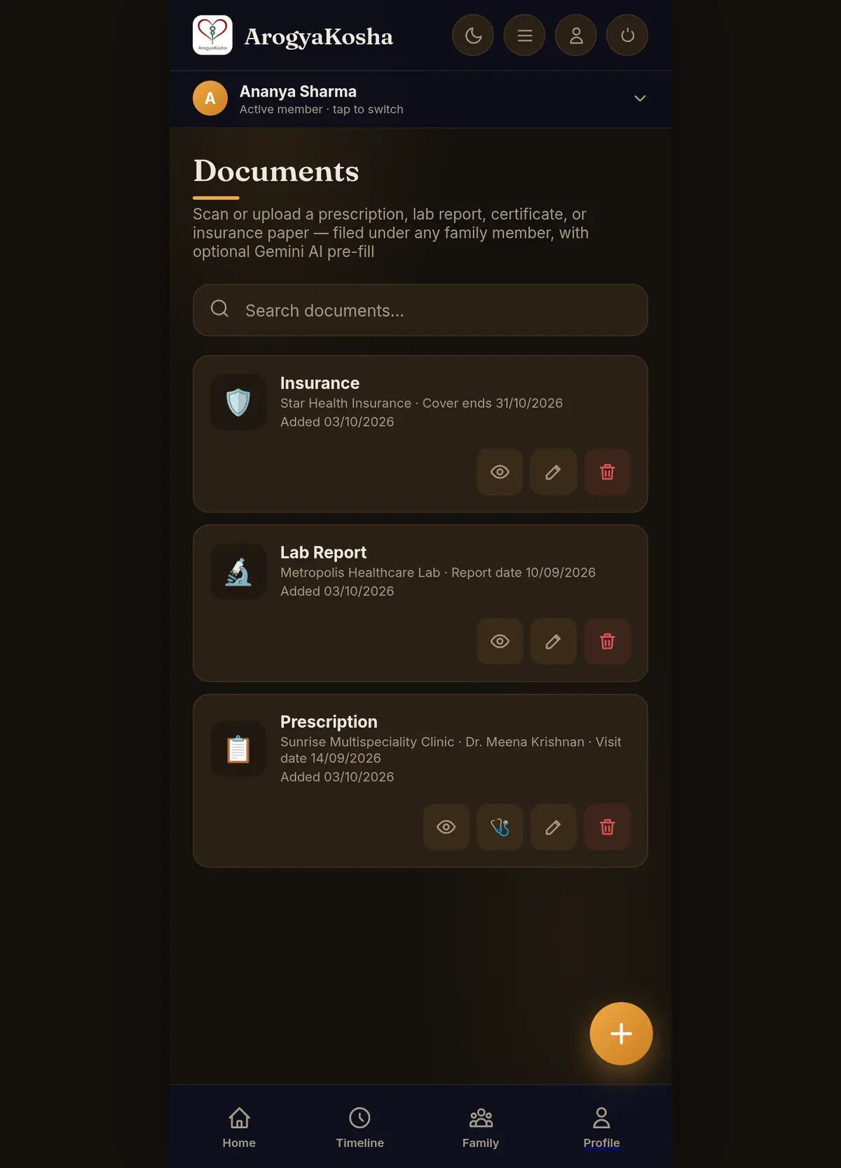 Documents list on the web portal