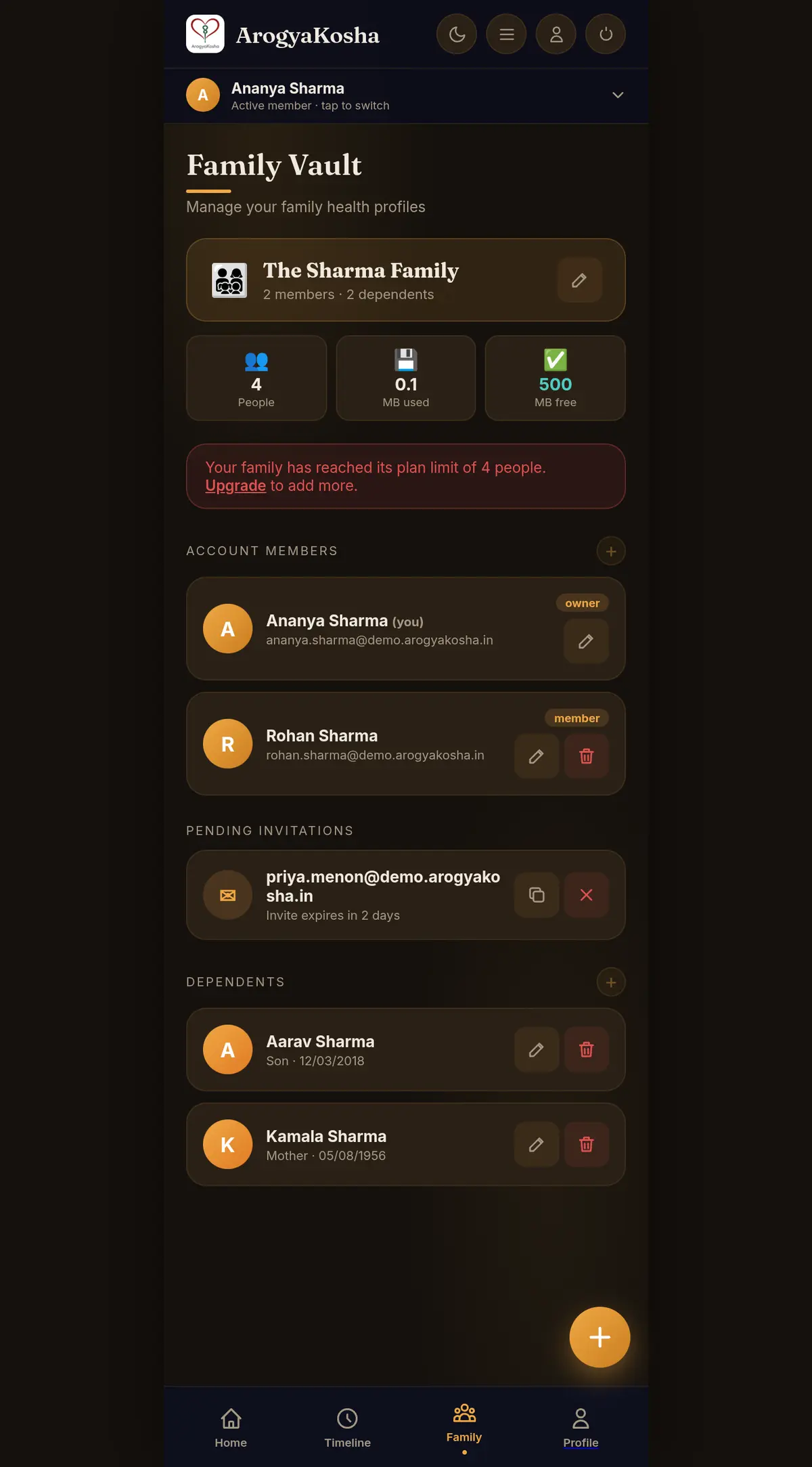 Family Vault screen with members, invitations and dependents