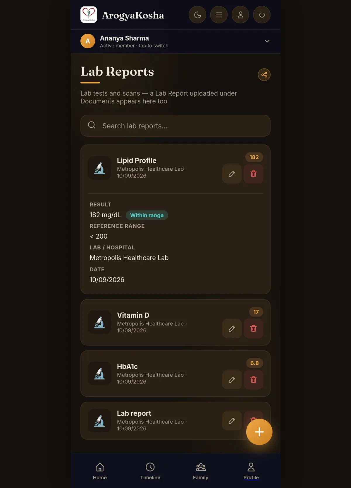 Lab Reports list with an expanded result