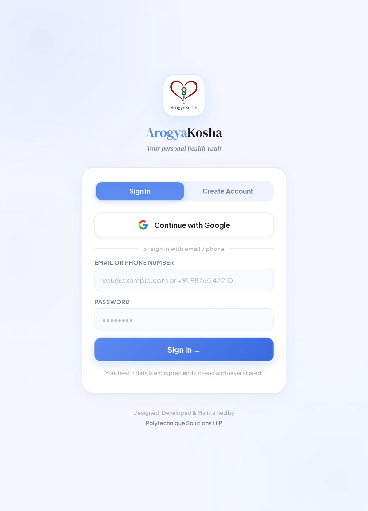 Sign in page with Sign In and Create Account tabs