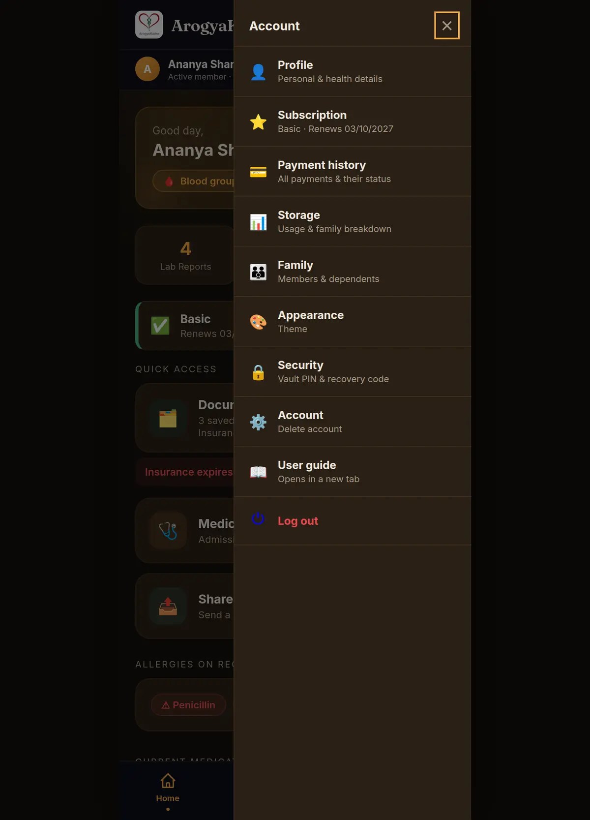 The account menu drawer