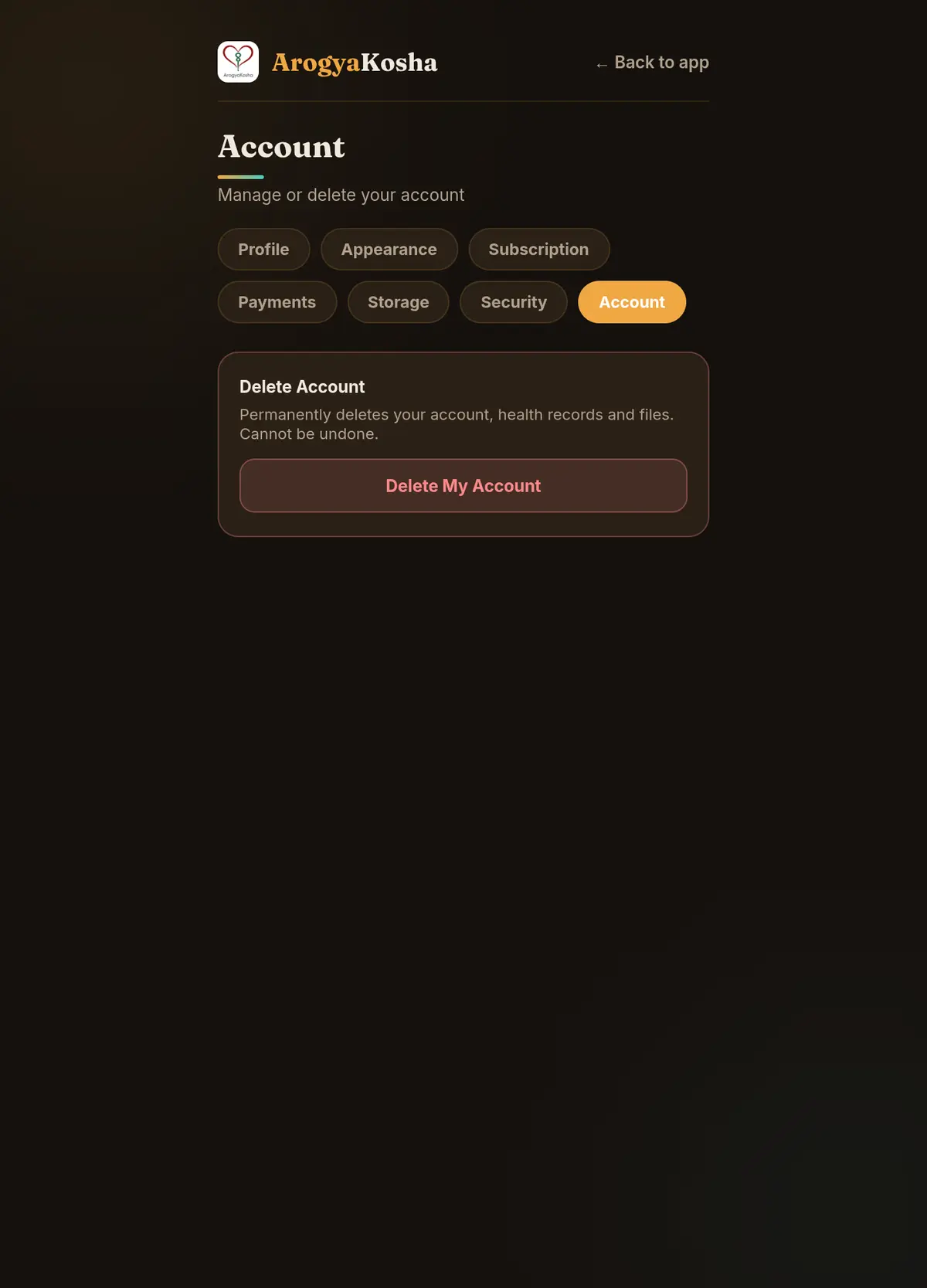 Account section with Delete My Account