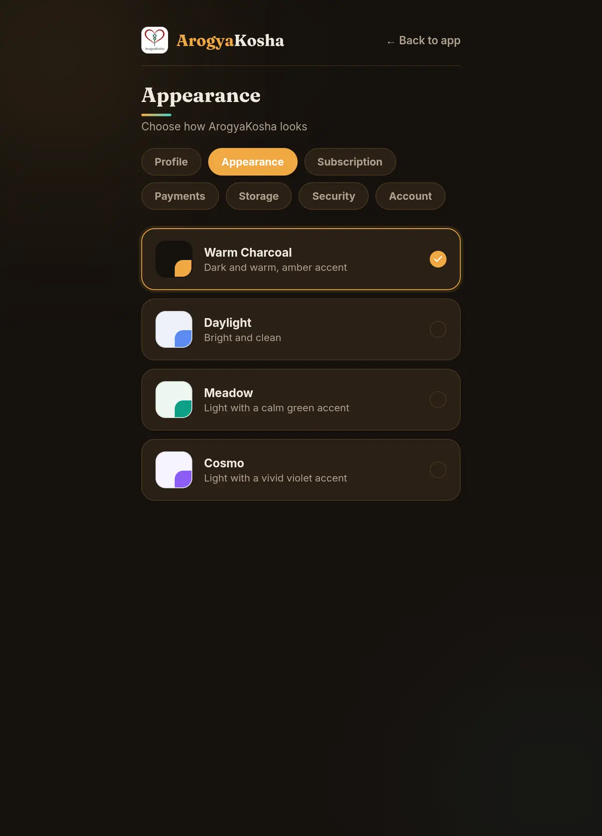 Appearance settings with four themes