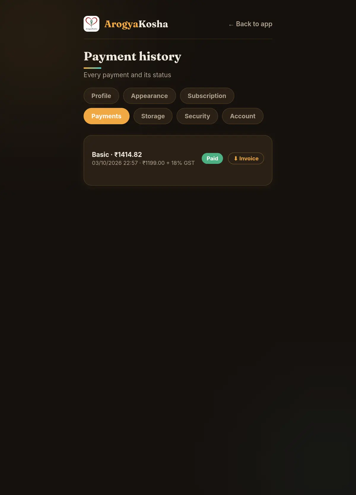Payment history with an invoice download link