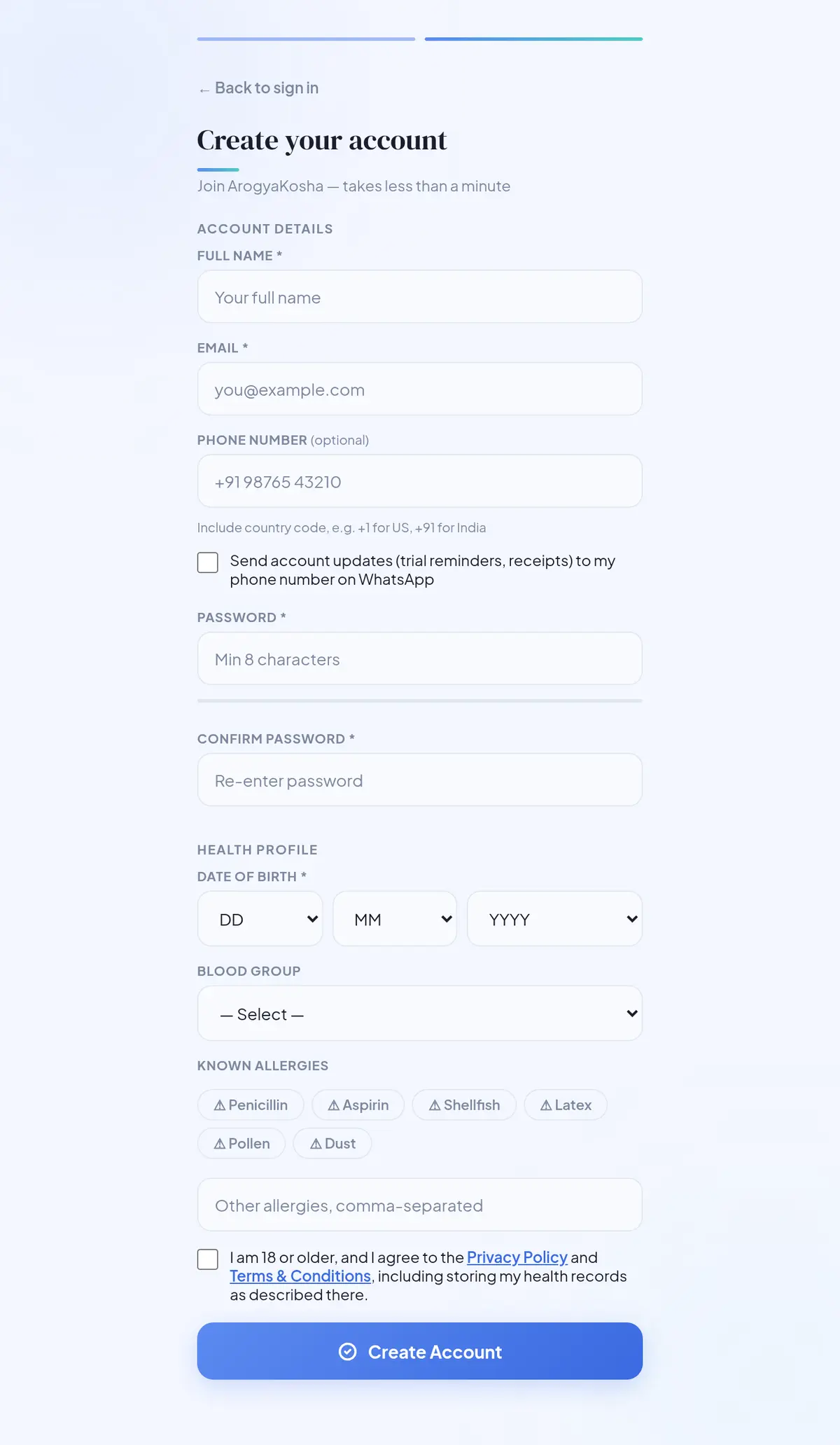 Create your account form