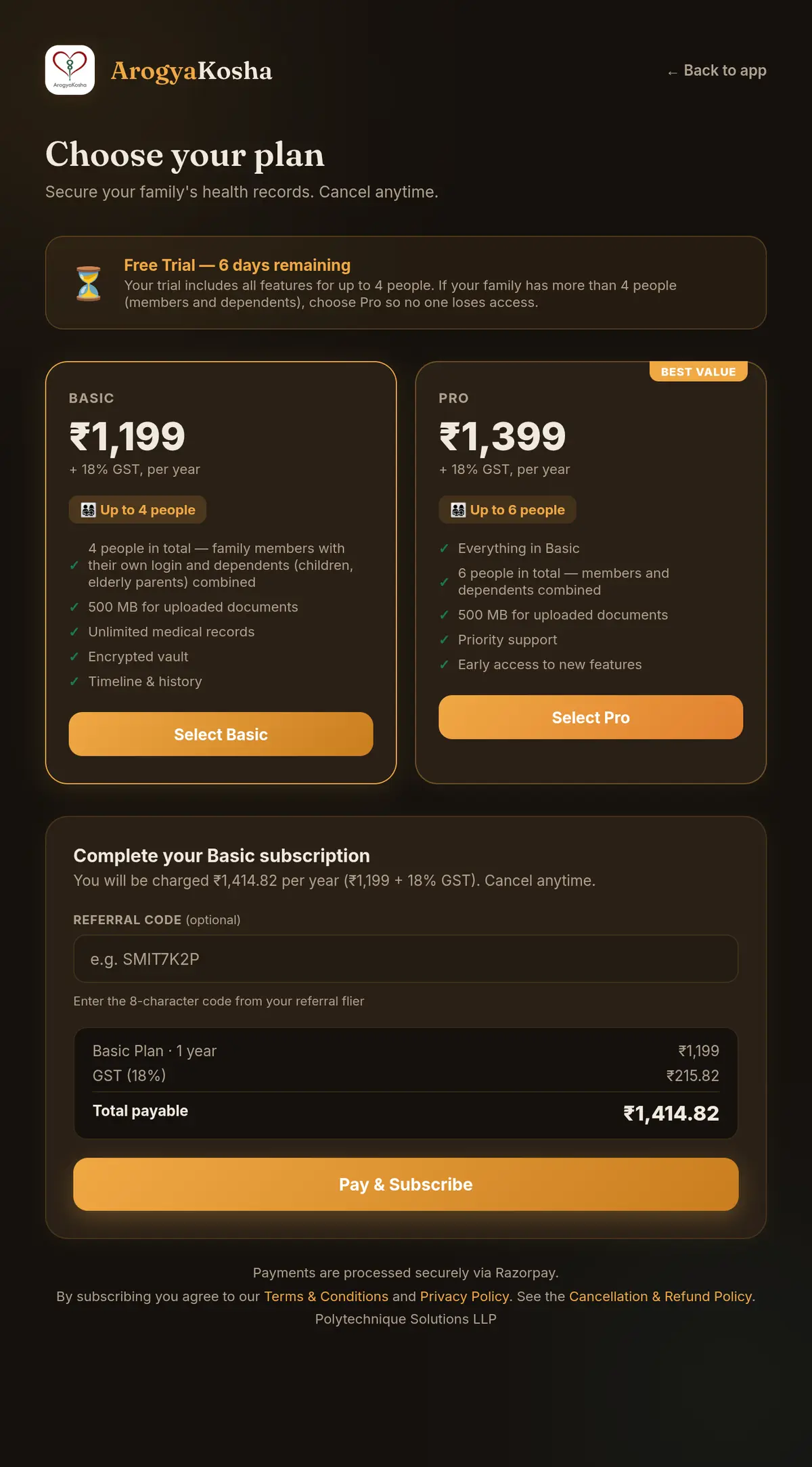 Choose your plan page with Basic selected and the total including GST