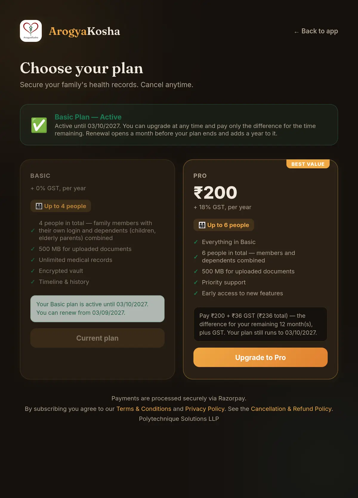Plans page for an active Basic plan offering an upgrade to Pro