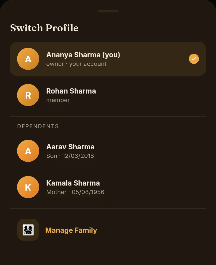 Switch Profile sheet listing members and dependents