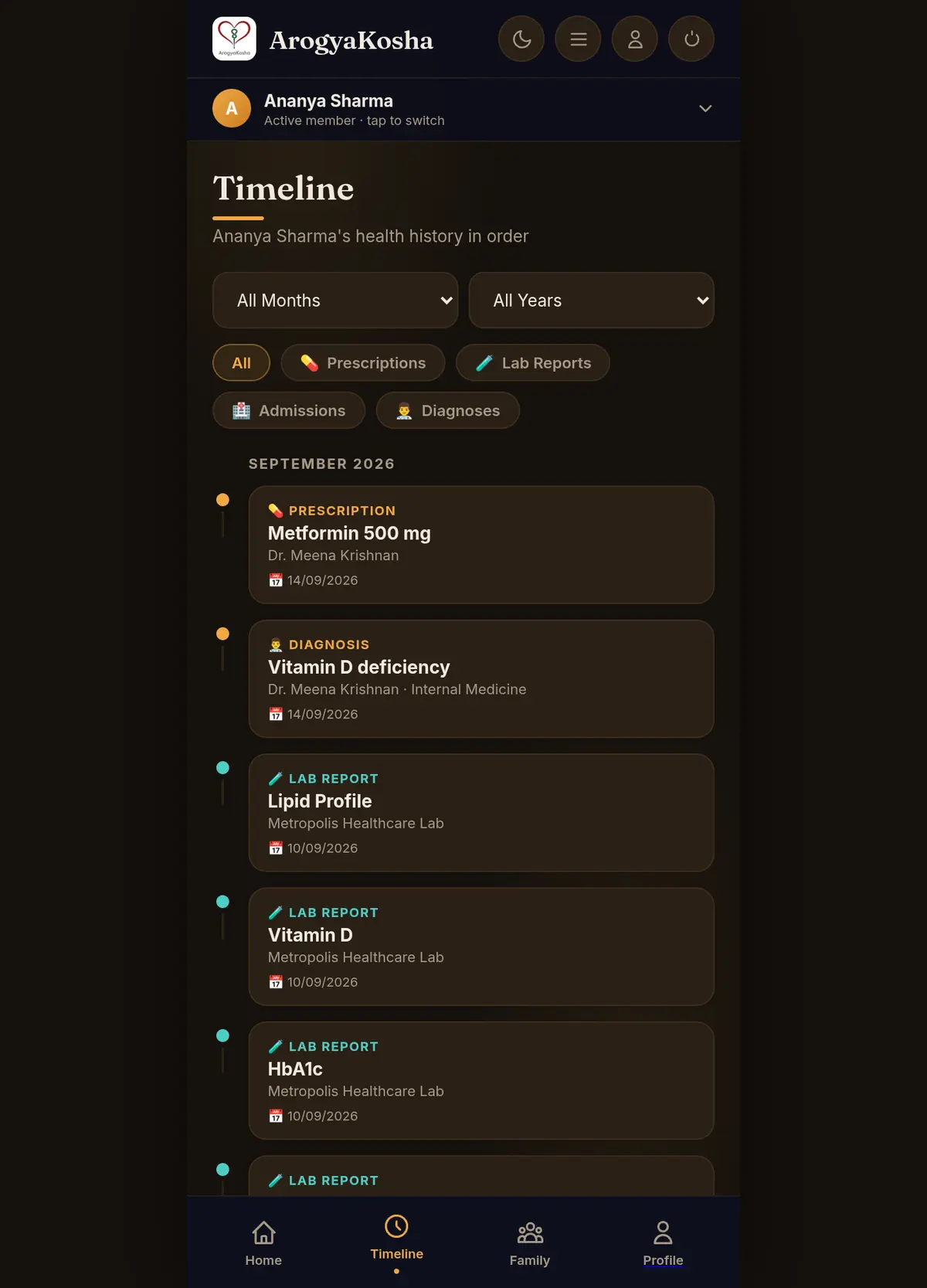 Timeline with month, year and type filters