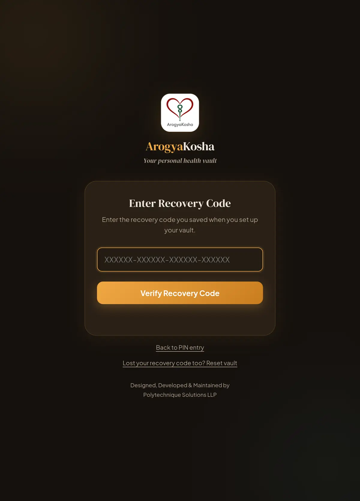 Enter Recovery Code screen