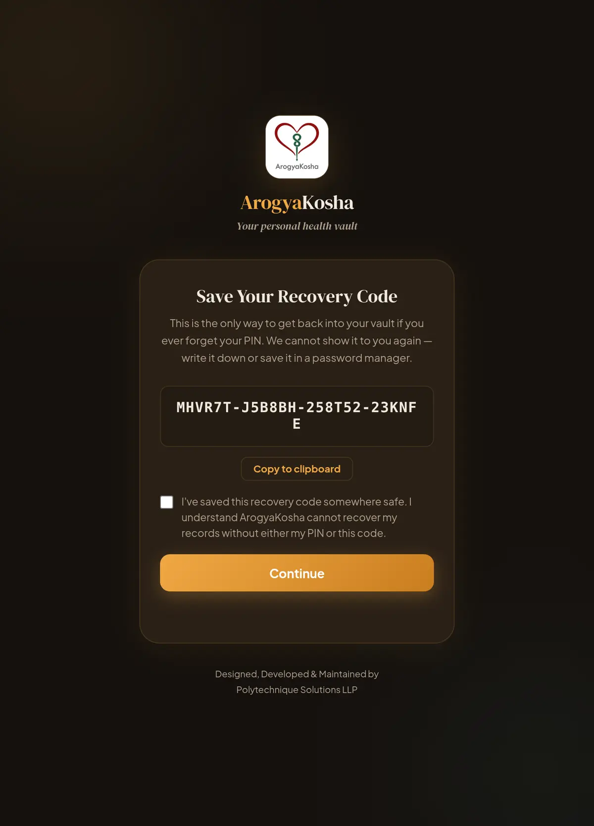 Save Your Recovery Code screen