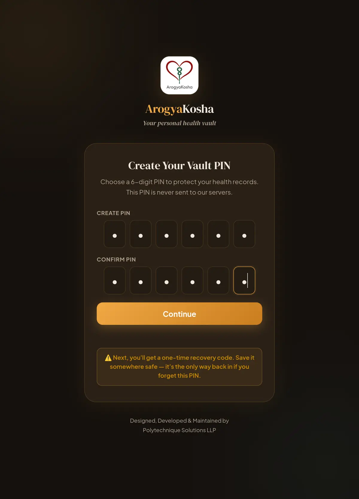 Create Your Vault PIN screen